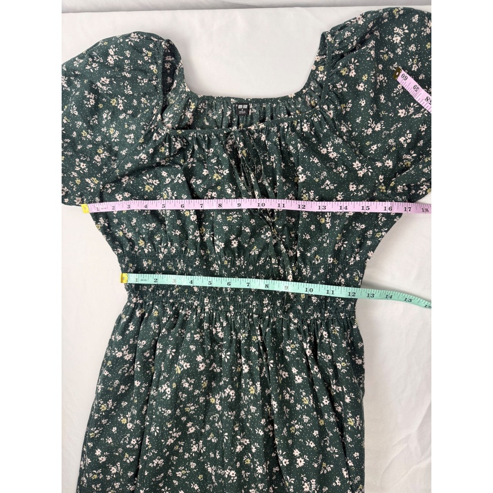Uniqlo Size S Green Floral Volume Sleeve Midi Dress 100% Cotton Pockets - Picture 6 of 10